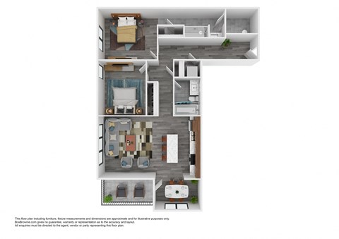 A floor plan of a house with a kitchen, living room, and two bedrooms.
